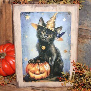 Rustic Black Witch Hat Cat on Jack-O-Lantern Farmhouse Halloween Wall Decor